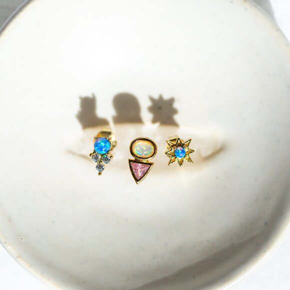 Tiny Stud Earrings Opal and Pink CZ Triangle Opal & Crystal Dainty Studs PRETTY - Picture 11 of 12